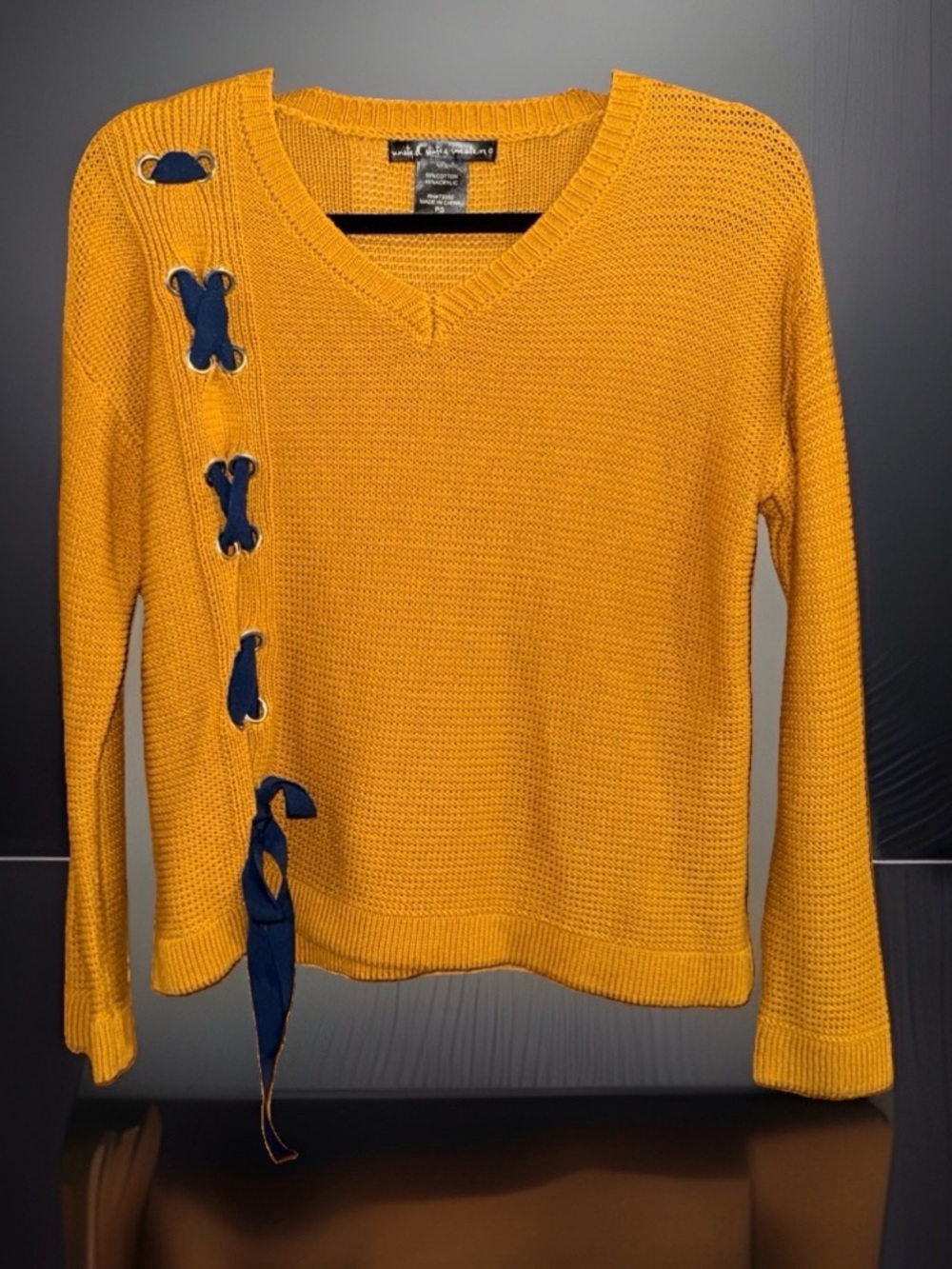united states sweaters Mustard V-Neck Sweater w/Navy Ribbon Lace-Up Detail-PS-GC